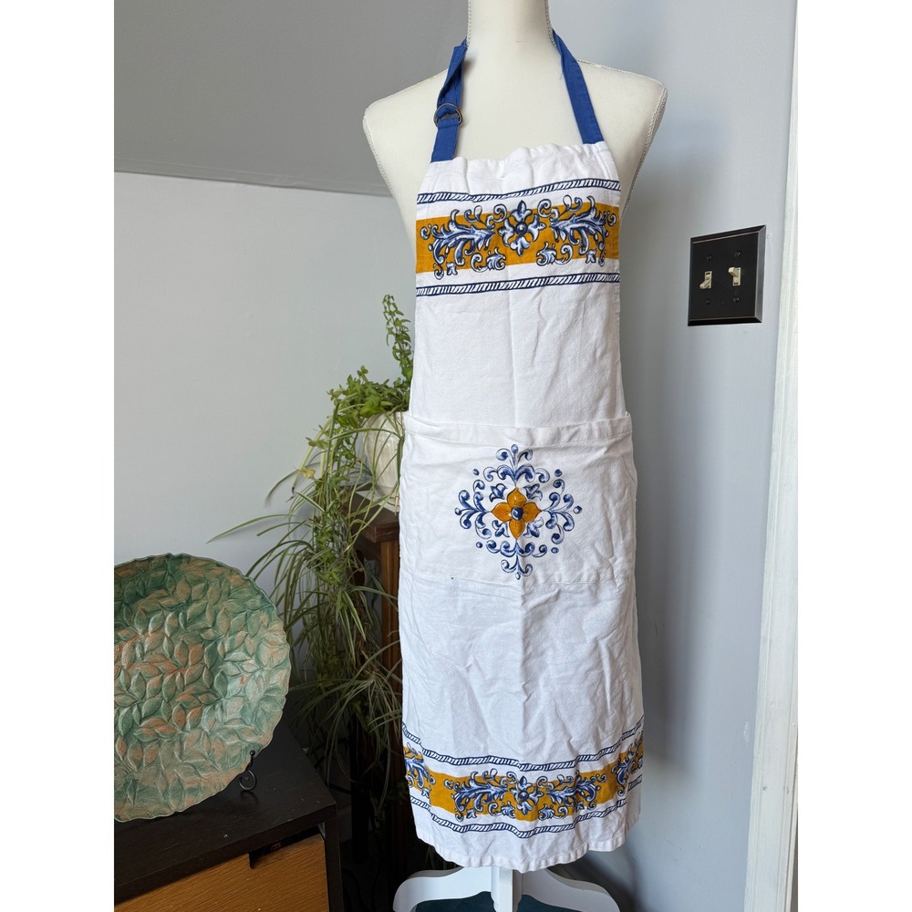 Sur‎ La Table Mediterranean Tile Print Cotton Bib Apron Blue Yellow White